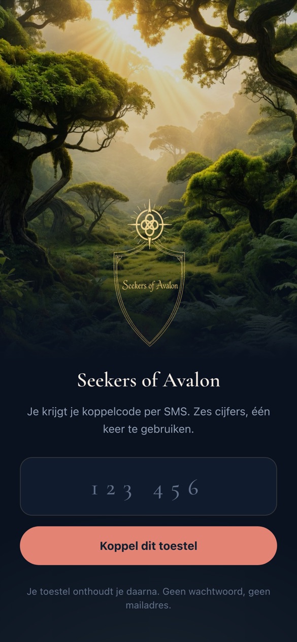 Het inlogscherm van de app Seekers of Avalon
