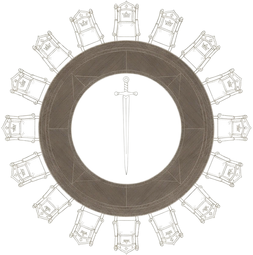 De Ronde Tafel van Camelot van bovenaf — zetels rond de tafel, het zwaard in het midden