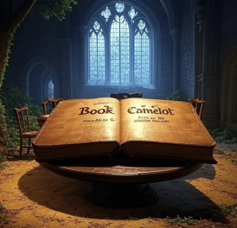 Het opengeslagen Boek van Camelot in een kapel