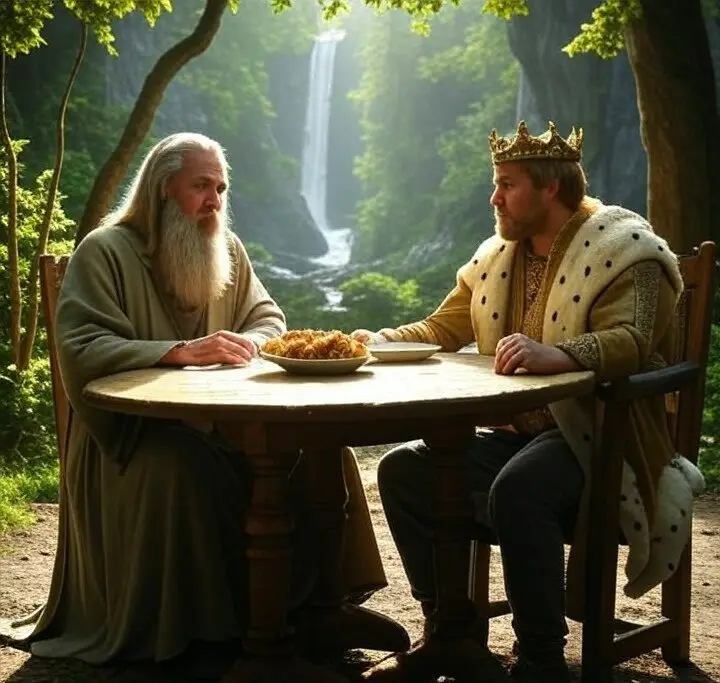 Merlijn en een koning aan een ronde tafel in het woud